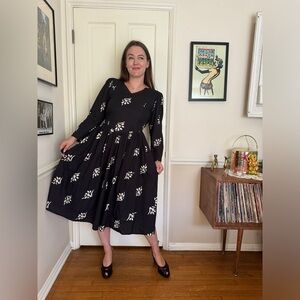 80s Does 50s Vintage Long Sleeve Black Cotton Fit and Flare Dress